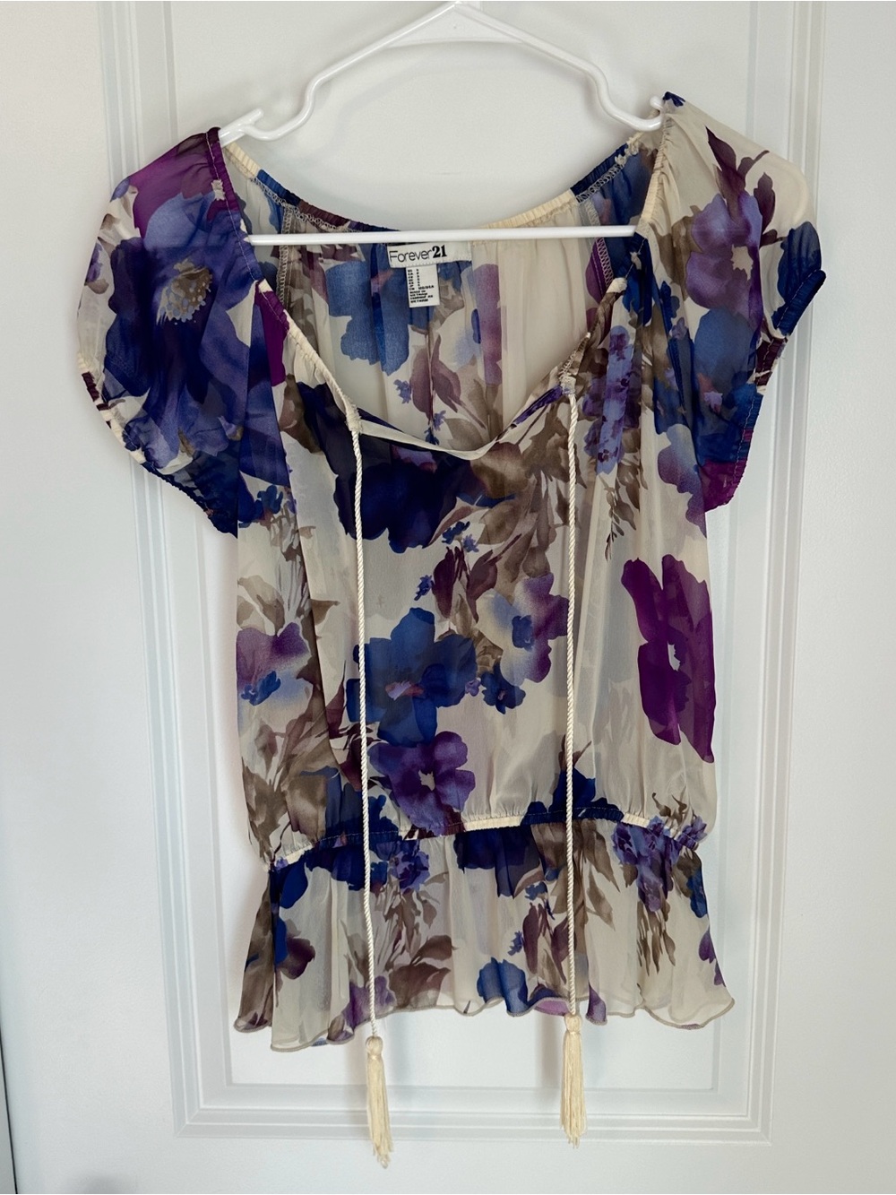 Forever 21 Floral Chiffon Sheer Peplum Blouse Tassel Tie Short Sleeve Size S